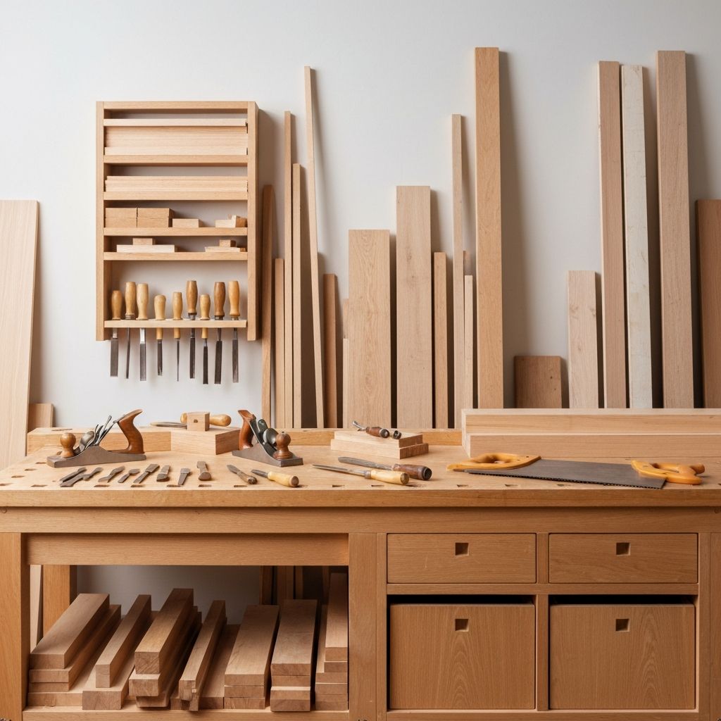 Professional joinery workshop with tools and materials